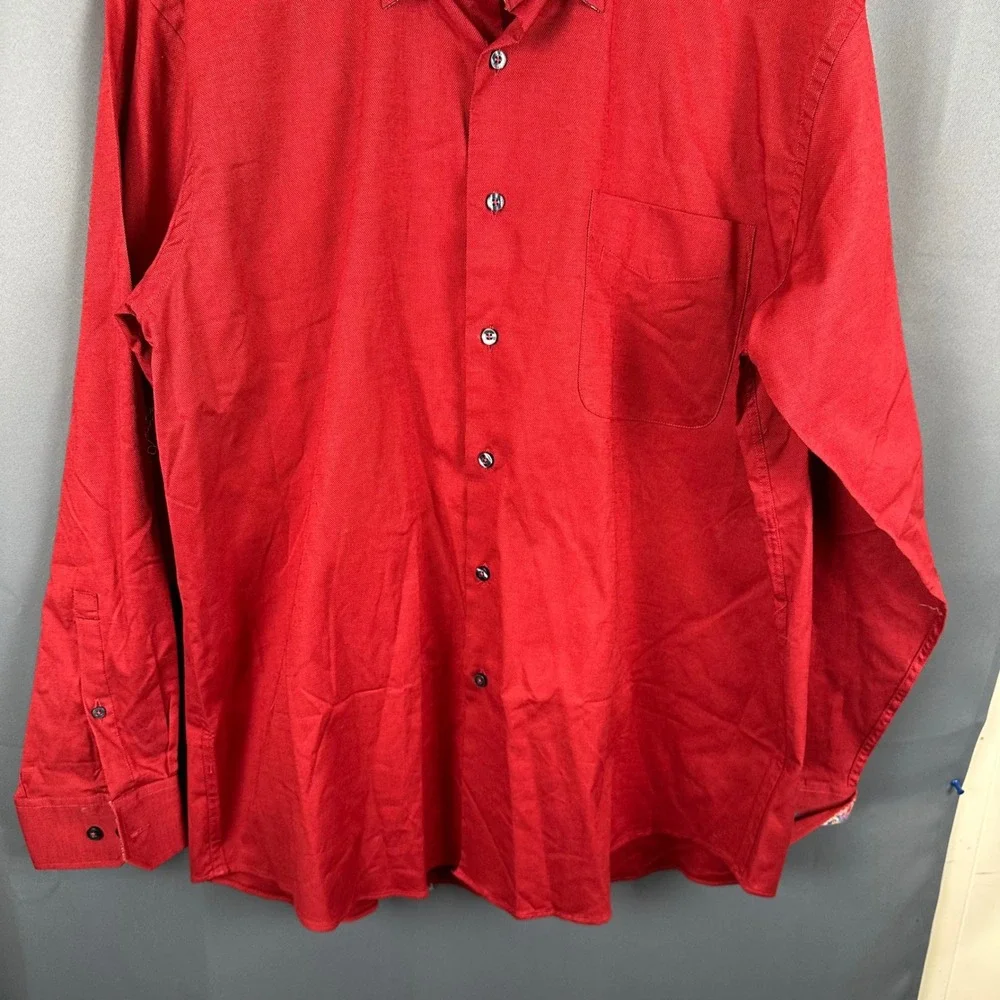 Alan Flusser Mens Red Button Down Shirt Paisley Trim Accents Long Sleeve Large